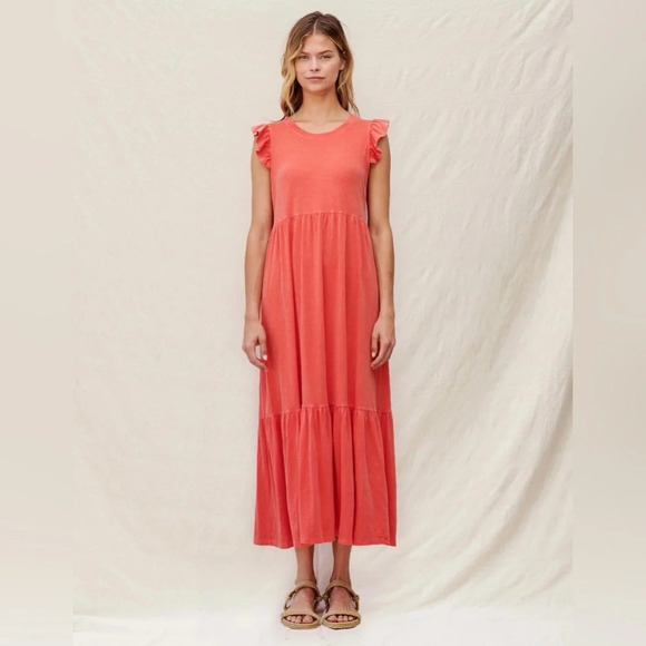 Sundry Tiered Ruffle Sleeve Dress Pigment Cherry 16354 - Picture 2 of 11